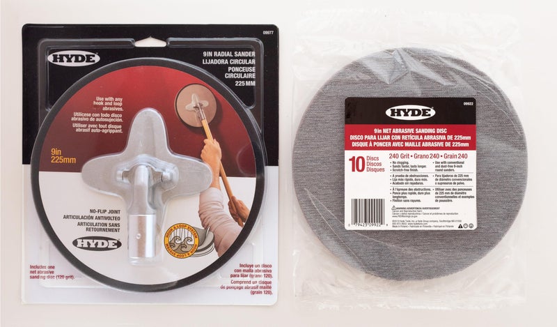 Hyde 9-Inch Radial Sander Kit with 10-Pack Sanding Discs, Sanding Net, 240 Grit - Large Area Pivoting Hinge, Drywall Sanders with Fast Change Hook and Loop, Lightweight - Image 1